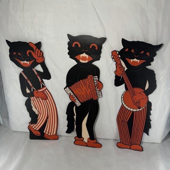 Beistle Scat Cats Cutouts Lot Of Three 1941, 2012 Remake Kitschy Fall Halloween - Picture 10 of 15